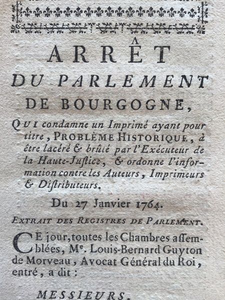 Image du produit Autodafé. Arrêt du Parlement de Bourgogne. Du 27 Janvier 1764.