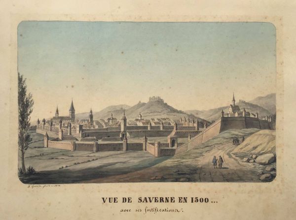 Productafbeelding Guérin. Vue de Saverne en 1500 avec ses fortifications. Dessin original. Alsace.