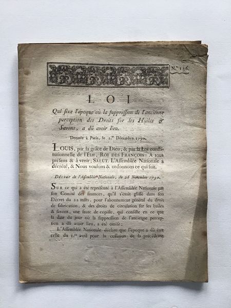 Productafbeelding Loi. Suppression des perceptions sur les huiles et savons.
