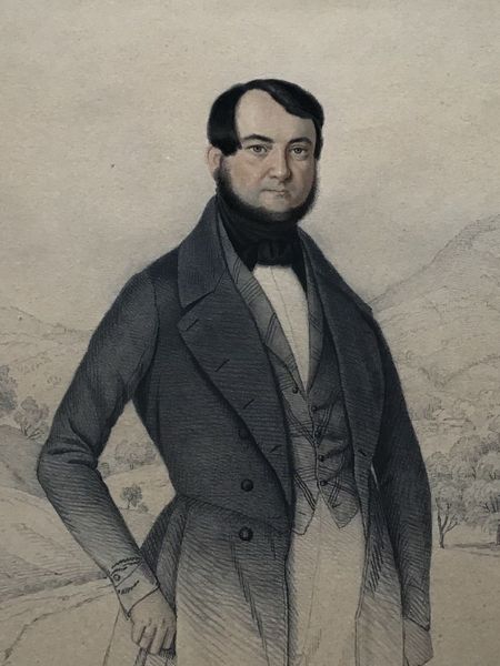 Image du produit Portrait dun notable devant un paysage de montagnes. Baumann 1848. Dessin original.