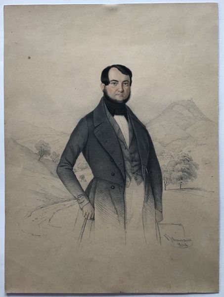 Image du produit Portrait dun notable devant un paysage de montagnes. Baumann 1848. Dessin original.